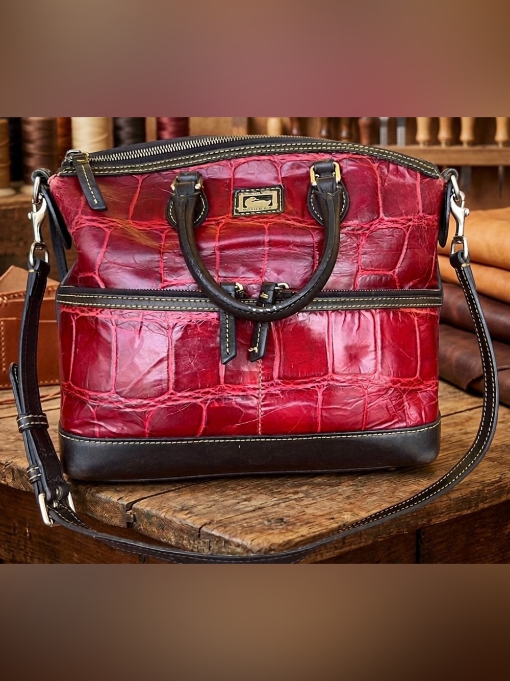 Dooney & Bourke Dillen Croco Satchel – Cranberry Red | Double Front Pockets - Picture 3 of 15